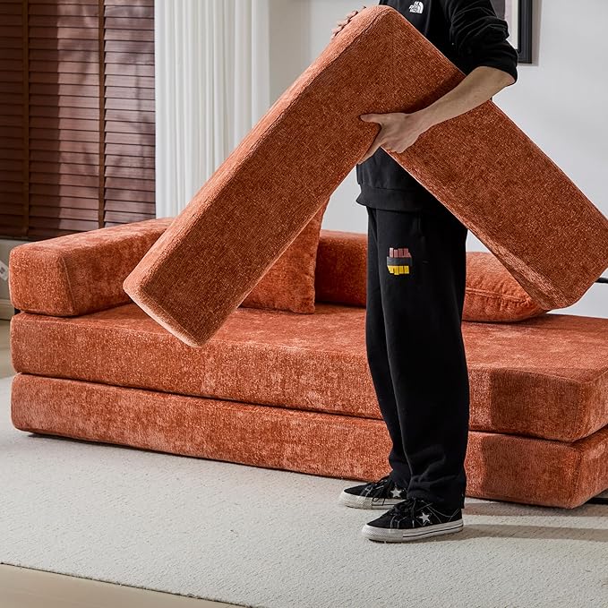 Convertible Couch Sofa Bed Foldable Floor Sleeper | Modern Fold Out Couch | Removable Backrest & Armrests | No Assembly Compression Sofa Sleeper for Living Room, Bedroom | Orange Chenille
