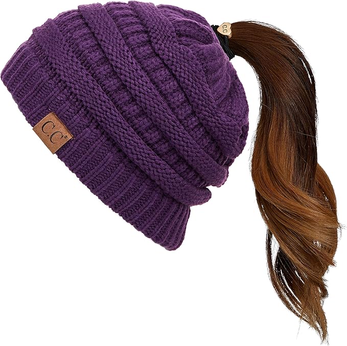 C.C Exclusives Soft Stretch Cable Knit Messy Bun Ponytail Beanie Winter Hat for Women (MB-20A)