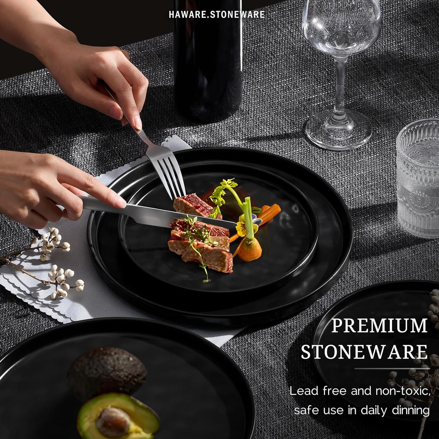 HaWare Dinnerware Sets, 24-Piece Plates and Bowls Set, Stoneware Dish Set for 8, Ceramic Dinnerware for Home Restaurant, Chip and Scratch Resistant, Microwave and Dishwasher Safe, Matte Black