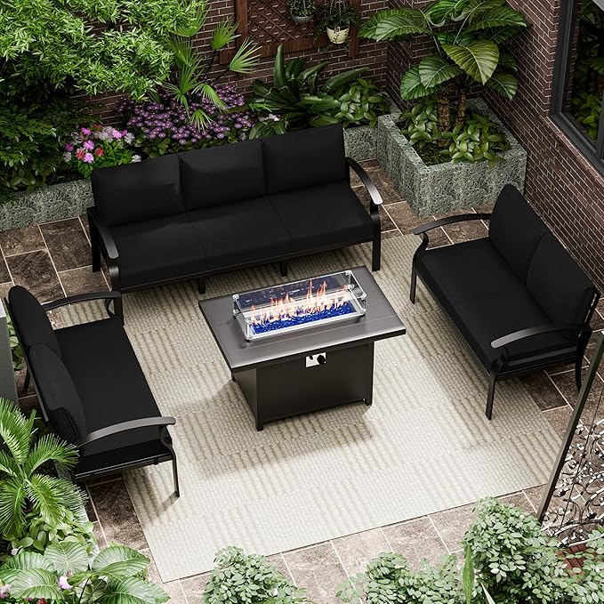 RTDTD Aluminum Outdoor Patio Furniture Set,4 Pieces 7 Seats Patio Conversation Sets with 45" Propane Fire Pit Table,Metal Patio Sectional Furniture Set w/5.1" Cushions for Porch,Deck,Backyard,Black