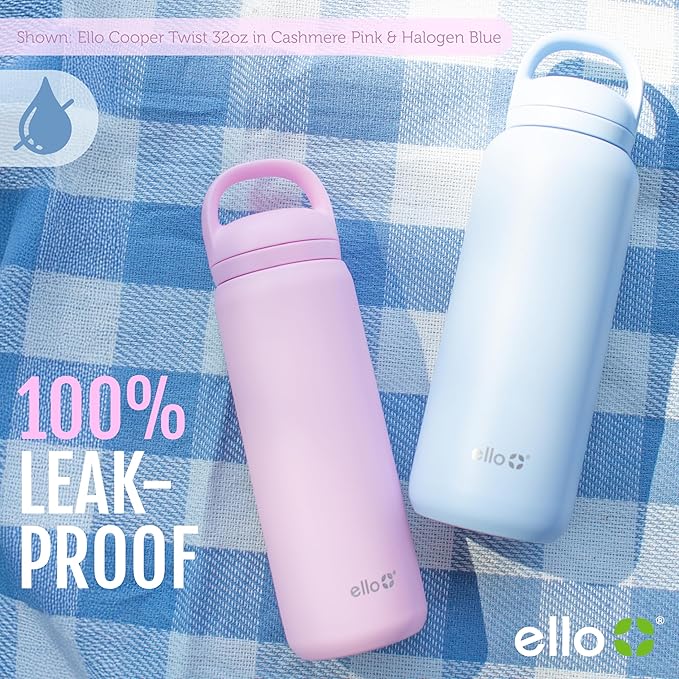 Ello Cooper Twist 22oz Stainless Steel Water Bottle with Chug Lid | Leak Proof Double Walled and Vacuum Insulated | Fits Car Cupholder | Built in Carry Loop | Dishwasher Safe | Yucca
