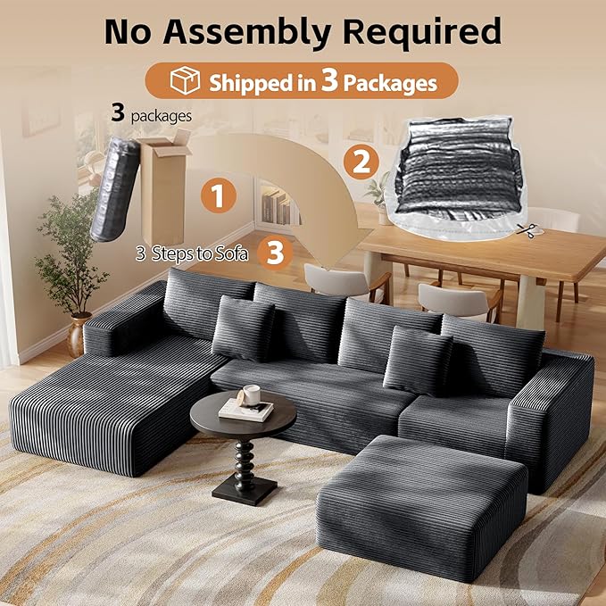 Fancyfire 134.6" Cloud Modular Sectional Couch with Chaise and Pillows,Ultimate Comfort U-Shaped Deep Seat Sofa,Boneless Couch Upholstered 3-Seater Sofas for Living Room, No Assembly Required(Grey)