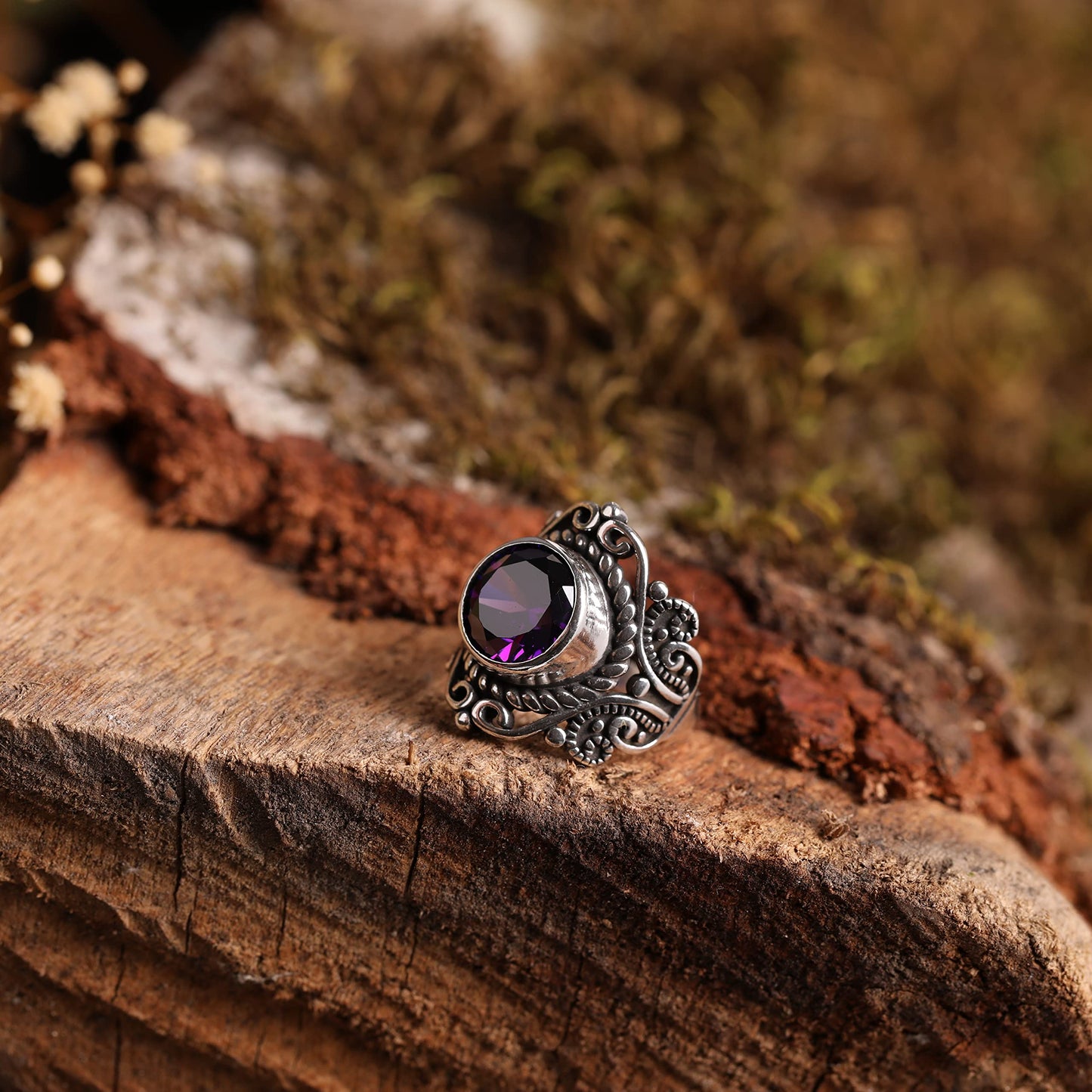 Genuine 925 Sterling Silver Round Shape Brilliant Cut Cz Cubic Zirconia Purple Amethyst Color Stone Luxury Statement, Anniversary, Birthstone or Gift for All Occasions Filigree Ring for Women (6)