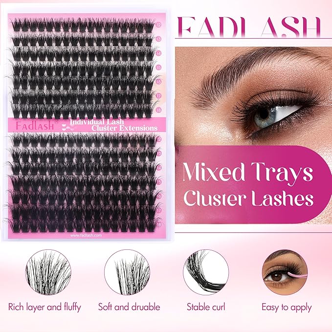 FADLASH Lash Clusters 80D+100D Fluffy Eyelash Clusters 12-18mm Individual Lashes Cluster Eyelash Extensions 3D Effect Wispy 280pcs Thick Lash Extension Clusters (80D+100D-0.07-D, 12-18mm)