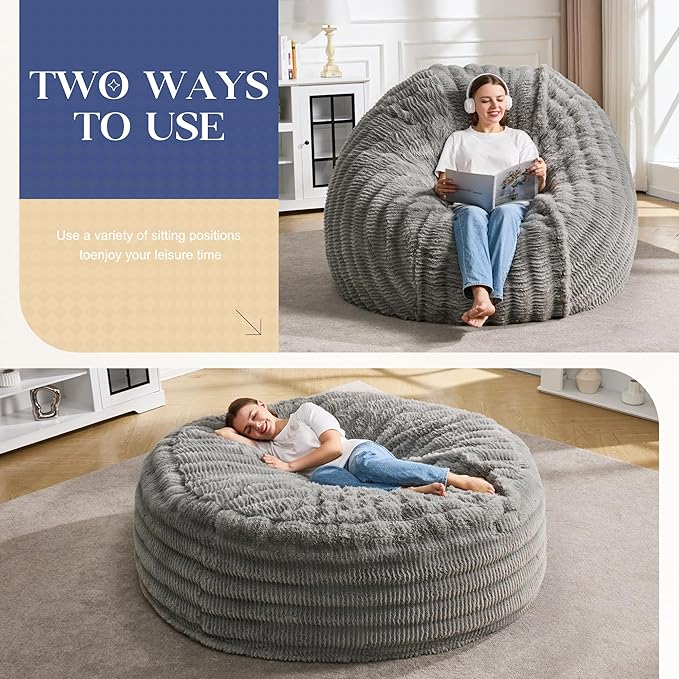 Hobestluk Bean Bag Chairs Beanbag Chair with Filler Adult Bean Bags with Fluffy Ripple Cover, Giant Bean Bag Chairs for Adults (Grey, 6FT - 70" x 70" x 15")