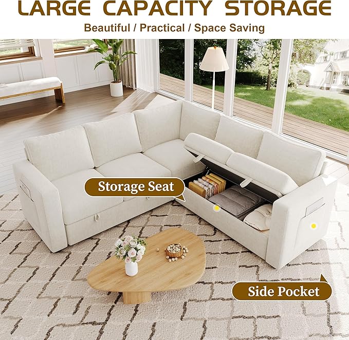 SUAWY 83.5" Sectional Sleeper Sofa with Pull Out Couch, Modern 5 Seat L Shaped Modular Couch, Sectionals Modular Sofa with Storage, Comfy Sectional Couches for Living Room & Apartment, Ivory Beige