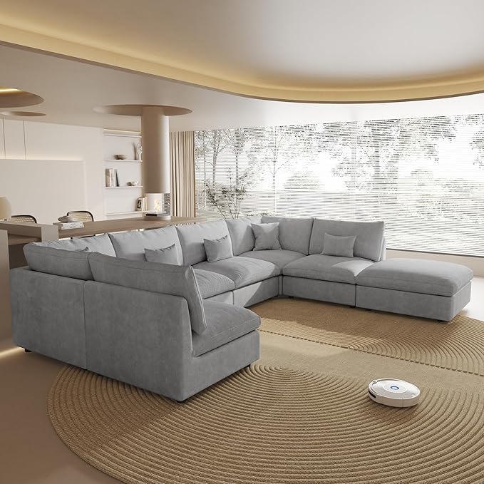 Oversized Modular Sectional Sofa,154inch Cloud Couch Deep Seat Sofa Cushion Covers Removable,LShaped Linen Sectional Couches for Living Room (7 Seater-Gray)