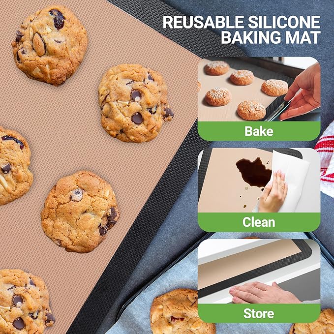Silicone Baking Mats | 2 Non-stick Food-Grade Reusable Silicone Mats | Perfect for Half Baking Pans 16.5 x 11.6 IN | Oven-Safe Up to 480 Degrees F | Safe for Ovens, Freezers, & Dishwashers (Black)