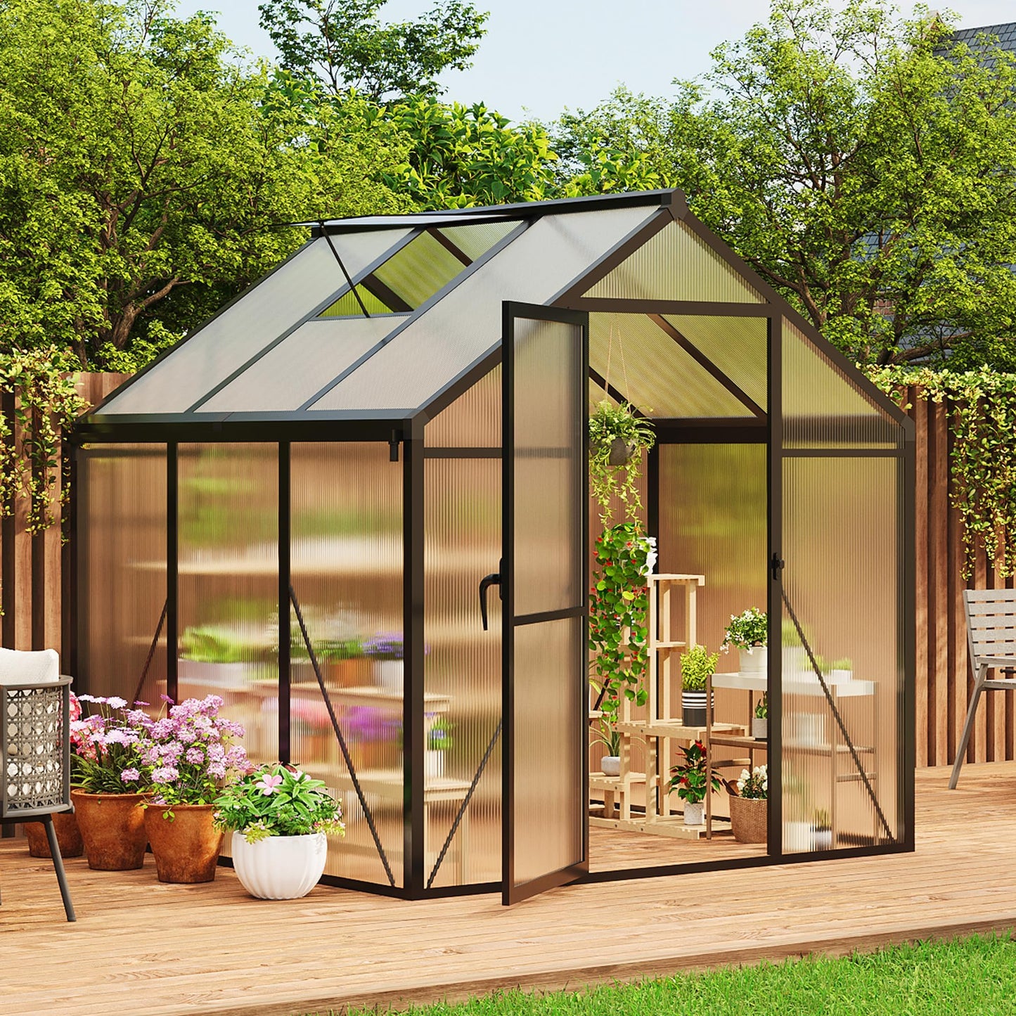 6x6 FT Greenhouse for Outdoors, Polycarbonate Greenhouse with Aluminum Frame, Lockable Door, Adjustable Roof Vent and Rain Gutter, for Backyard, Garden, Patio