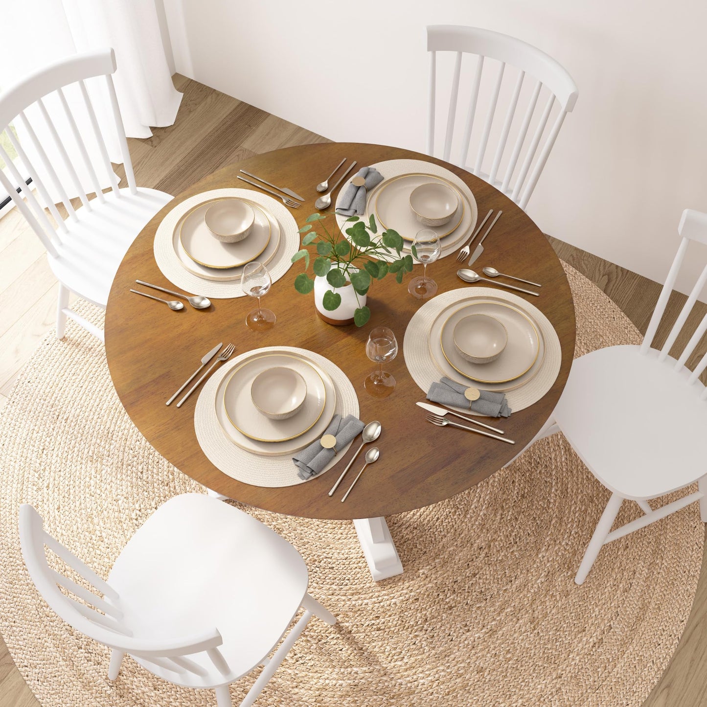 Bush Home Round Dining Table, 45 inch Trestle Design, Modern Transitional, West End Collection, Dark Brown and White