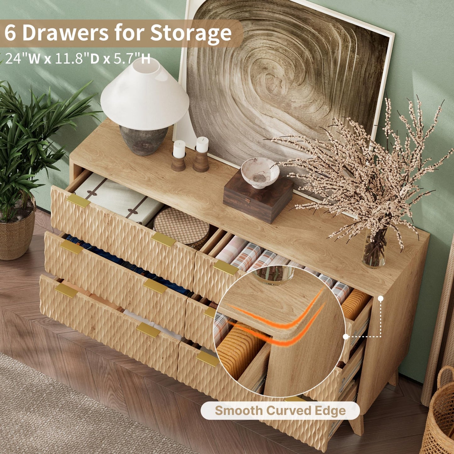 Cooday Fluted 6 Drawers Dresser, Modern Dressers & Chests of Drawers, 54" Wide Light Wood Dresser for Bedroom, Storage Cabinet Organizer for Hallway(Natural Oak)