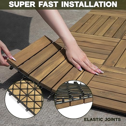 VICTORY RELAX Acacia Wood Decking Tiles 27PCS - Easy Snap Interlocking Deck Tiles for Patio Poolside Balcony Decor - All Weather Waterproof Flooring for Indoor & Outdoor (Round Joints)