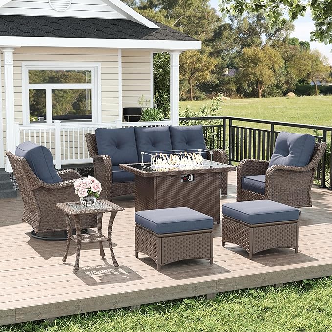 LayinSun 7 Piece Wicker Outdoor Furniture Set with 6-inch Comfy Cushions, High Back Patio Furniture Set with Swivel Rocking Chairs and Fire Pit Table