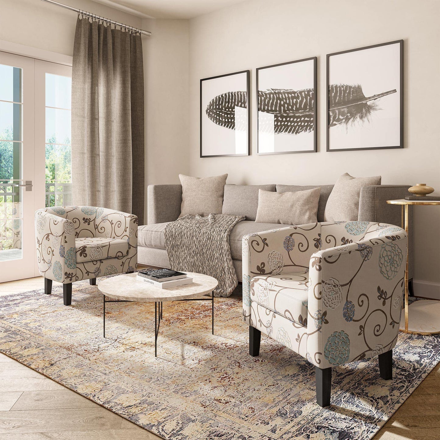 BELLEZE Living Room Chair, Linen Round Accent Barrel Chair, Club Tub Sofa Chair for Bedroom, Corner Chair with Flared Legs and Cozy Soft Padding - Highland (Floral Print)