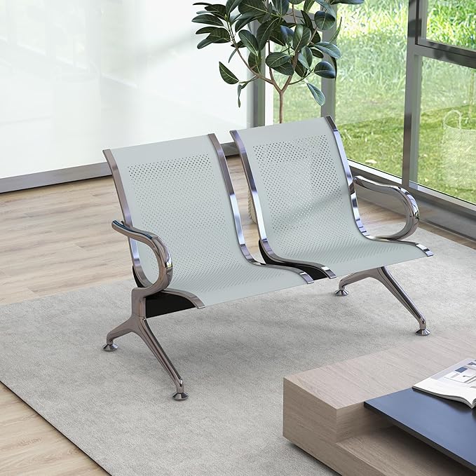 Kinsuite 2Pcs Waiting Room Chairs - 4 Seat Airport Reception Chairs Reception Bench Lobby Bench Seating for Office Business Bank Hospita, Silver