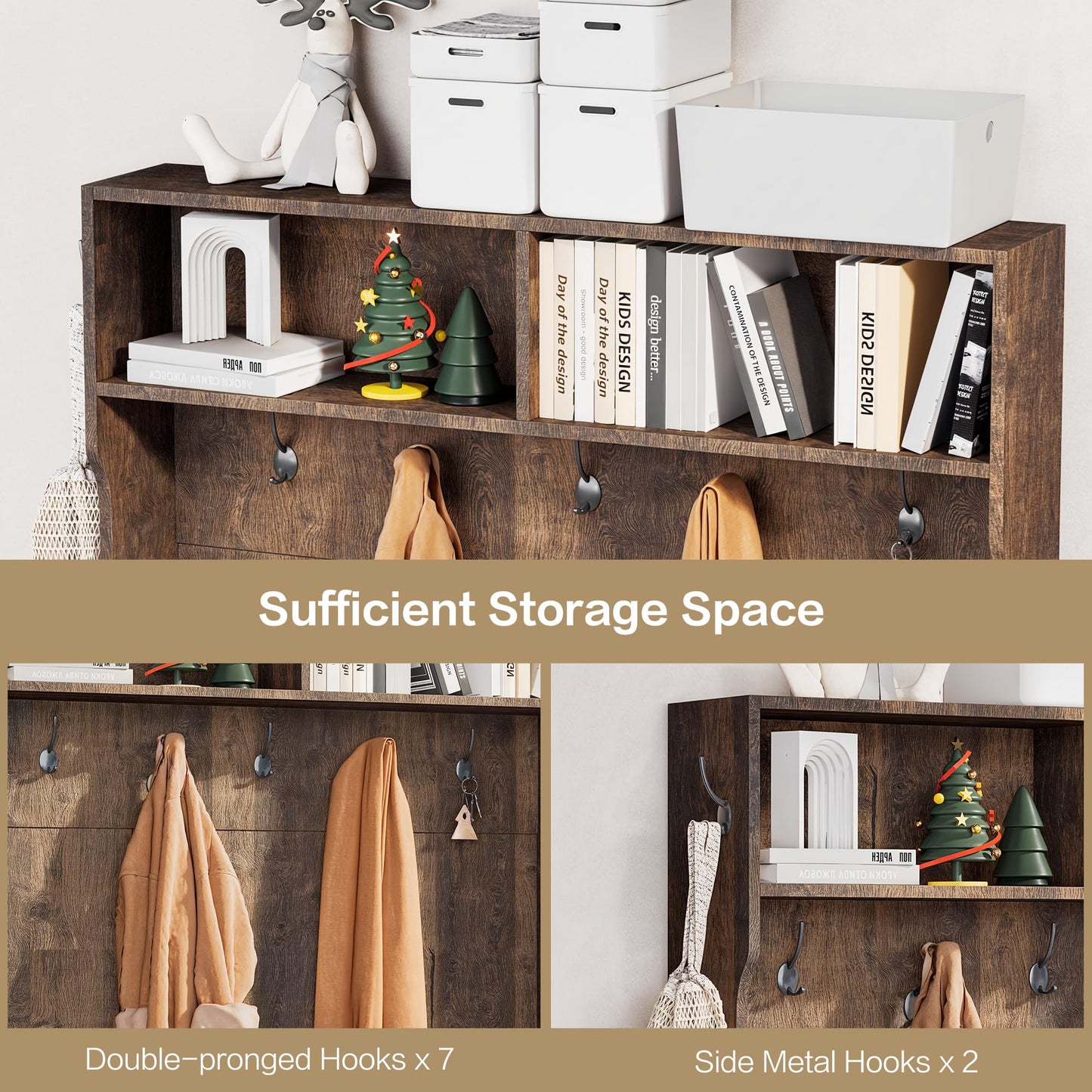 spanspace 71" Hall Tree with Bench and Shoe Storage, Entryway Hall Tree with 2 Doors and 6 Adjustable Shelves, Cushioned Mudroom Storage Bench with Coat Rack for Hallway and Living Room