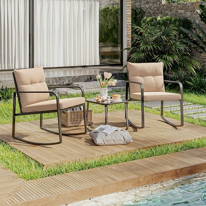 Gizoon 3 Piece Rocking Bistro Set, Black Steel Patio Furniture, Porch Chairs Conversation Set with Glass Coffee Table, Back Cushion, for Balcony, Garden, Pool, Backyard, Beige