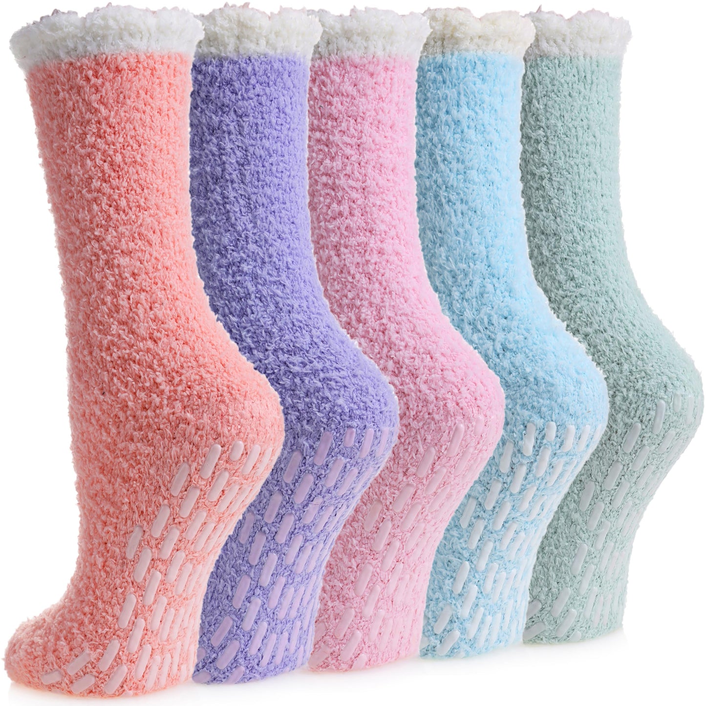 MQELONG Non Slip Hospital Socks with Grips for Women Winter Warm Cozy Fuzzy Slipper Soft Fluffy Sleep Socks (5 Pairs Light Colour Patchwork)