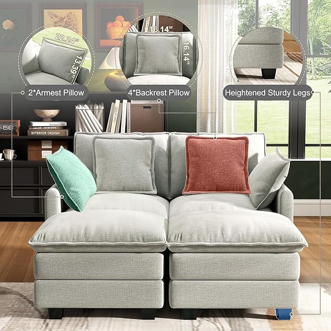 58" Cloud Couch Loveseat, Deep Seat Modular Sectional Sofa with 4 Removable Washable Pillows and 2 Ottoman for Living Room, Bedroom, Apartment, Light Grey
