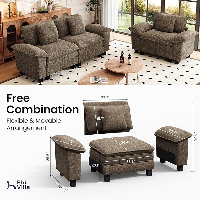 PHI VILLA Cloud Modular Couches Sets, 2 Pieces Sectional Sofa Set with Loveseat, 3-Seater Comfy Couch for Living Room Apartment, Chenille Fabric, Taupe