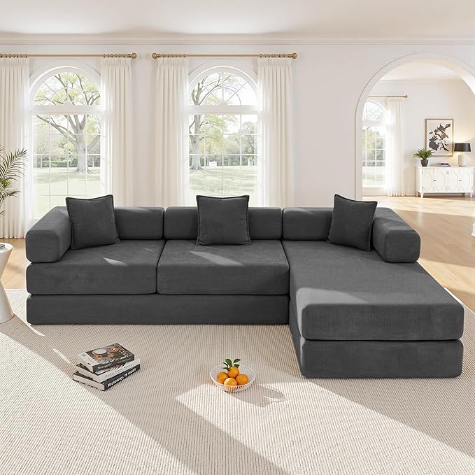 108" Oversized Convertible Sleeper Sofa Bed, Corduroy L Shape Sectional Couch, Folding Sofa Bed with Fixed-Shape Frame, Modern Cloud Floor Mattress Couch, Modular Sofa for Living Room, Grey
