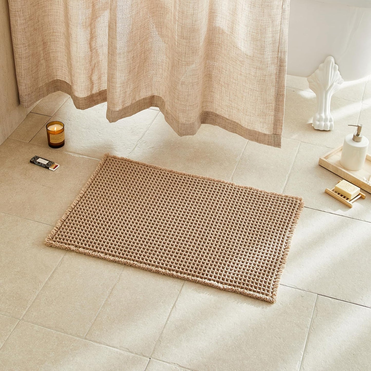 Waffle Bath Mat, Boho Bathroom Rugs Non Slip Washable Super Absorbent Quick Dry Farmhouse Bathroom Decor, 24"x16" / 1'4" x 2' Khaki