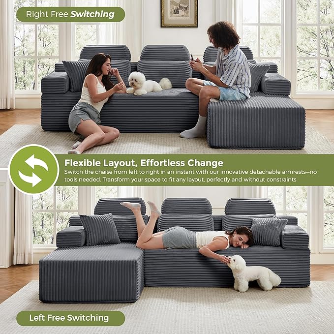104" L-Shaped Cloud Modular Sectional Sofa with Chaise & Headrest, Boneless Deep Seat Plush Corduroy Couches for Large Living Room, No Assembly Required (Dark Gray, 104" L-shapred Chaise)