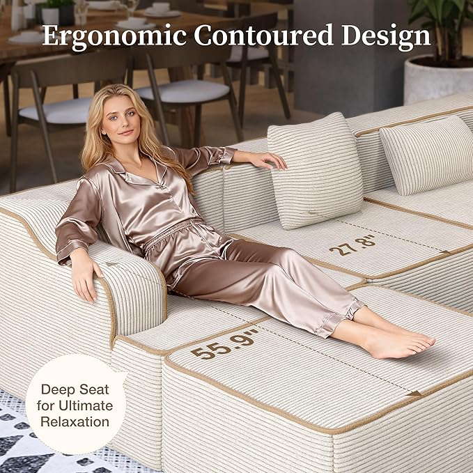 SUNSHINE VALLEY U Shaped Boneless Modular Cloud Couch, 162'' Oversized Corduroy Sectional Sofa for Living Room, 6-Seat Upholstered Modern Couch with Deep Seat, No Assembly Required, Beige