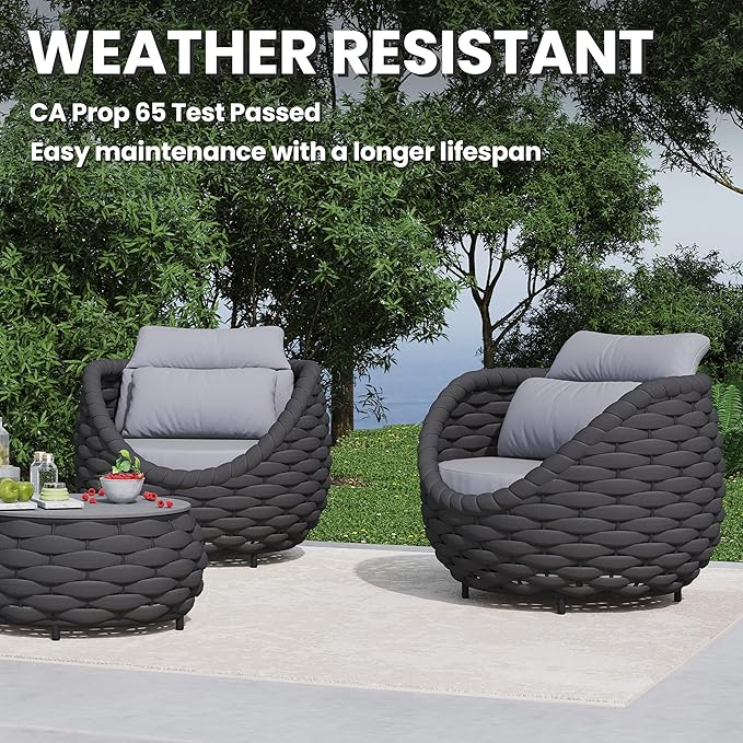 Erotr 3 Pieces Woven Rope Patio Furniture Sofa Sets: Aluminum Outdoor Conversation Set of 2 - Assembled Modern Cushions Couch Armchair Table Set - All Weather for Indoor Deck Porch Pool Hotel