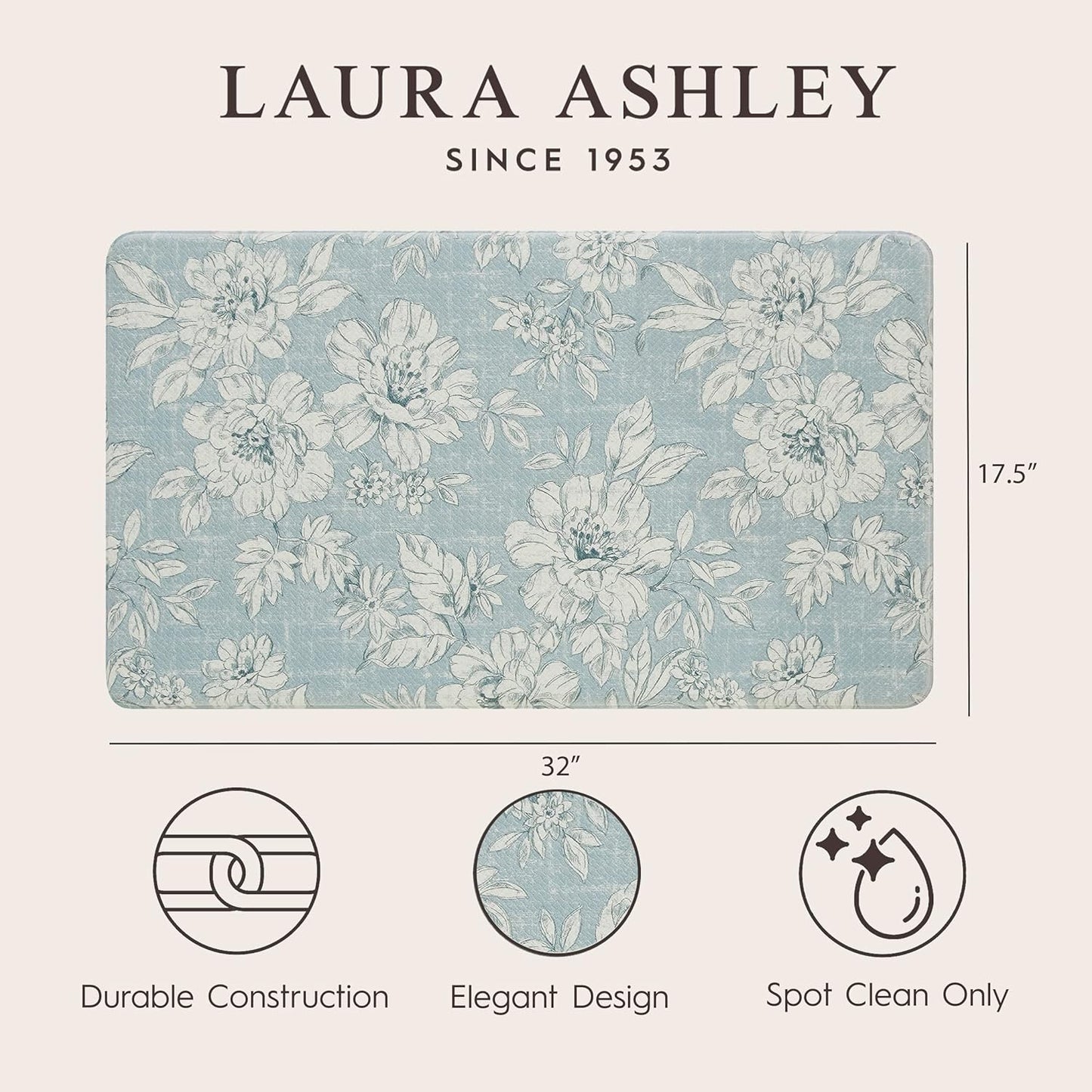 Laura Ashley - Anti-Fatigue Kitchen Mat, Iris Floral Design, Stain, Water & Fade Resistant, Cooking & Standing Relief, Non-Slip Backing, Measures 17.5" x 32", Light Blue Iris