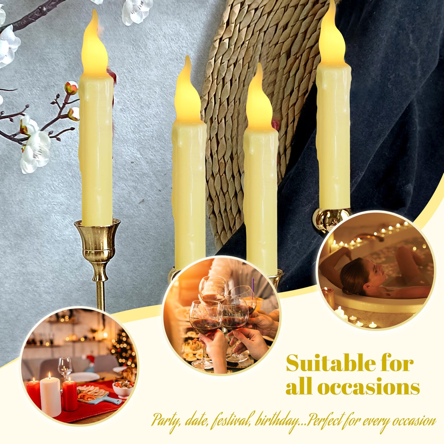 FCMSHAMD Yellow Flameless Short Taper Candles, Real Wax Hand Dipped LED Battery Operated with Remote, Flickering Flame Lights for Festival Home Décor, 6.7 Inch Primitive Flameless Candles, 4PCS