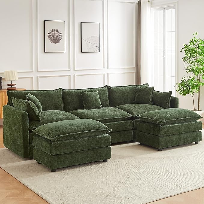 saows Modular Sectional Sofa, 112.2 Inch U Shaped Couch Set with Armrests, 3-Seater Comfy Cloud Couches for Living Room Apartment, Green