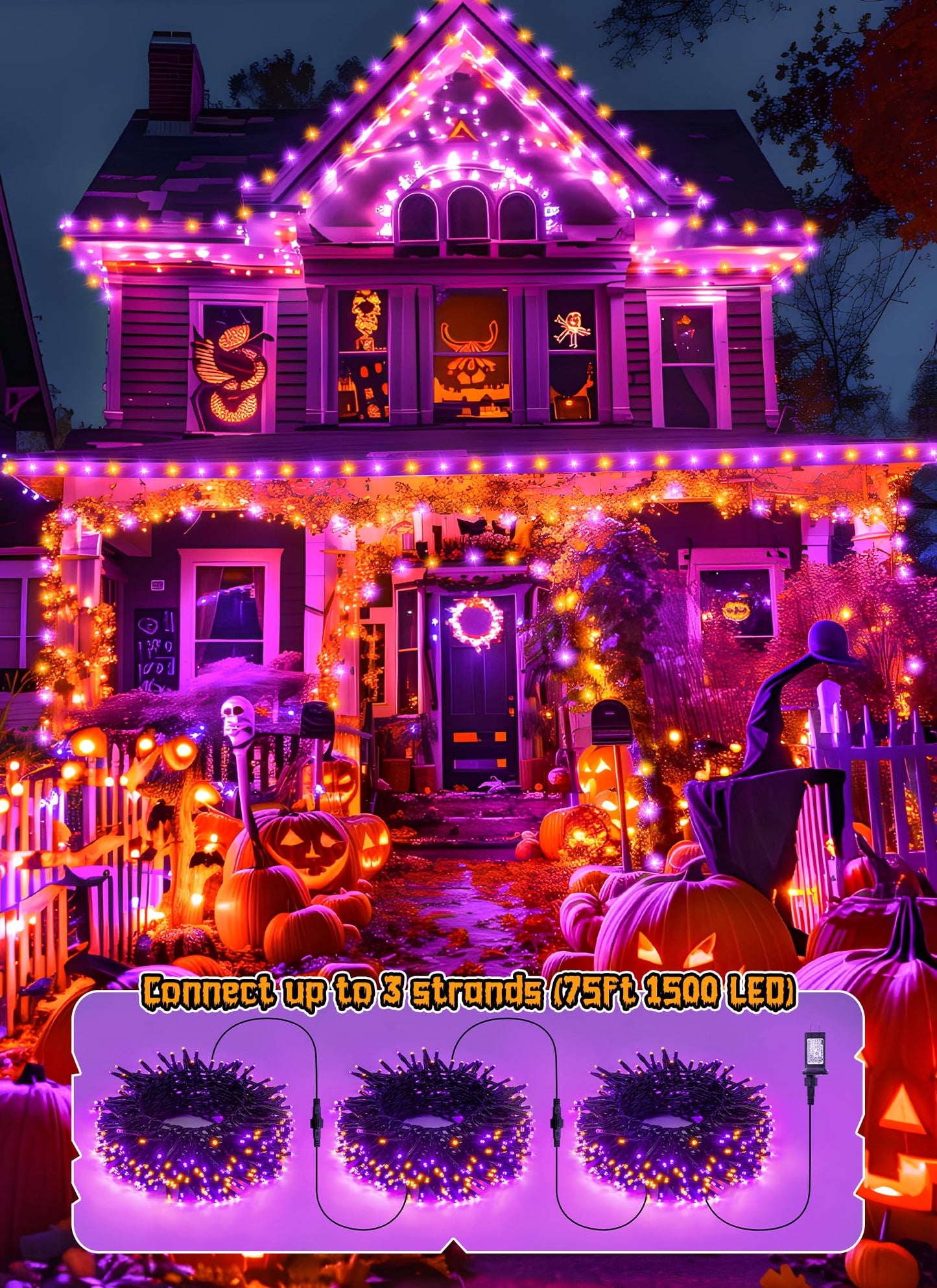 Halloween String Lights Outdoor Cluster Lights - 500 LED 25 Ft Orange Purple Twinkle Lights 8 Modes Timer Remote, Waterproof Plug in Halloween Fairy Lights for Indoor Outdoor Halloween Decorations