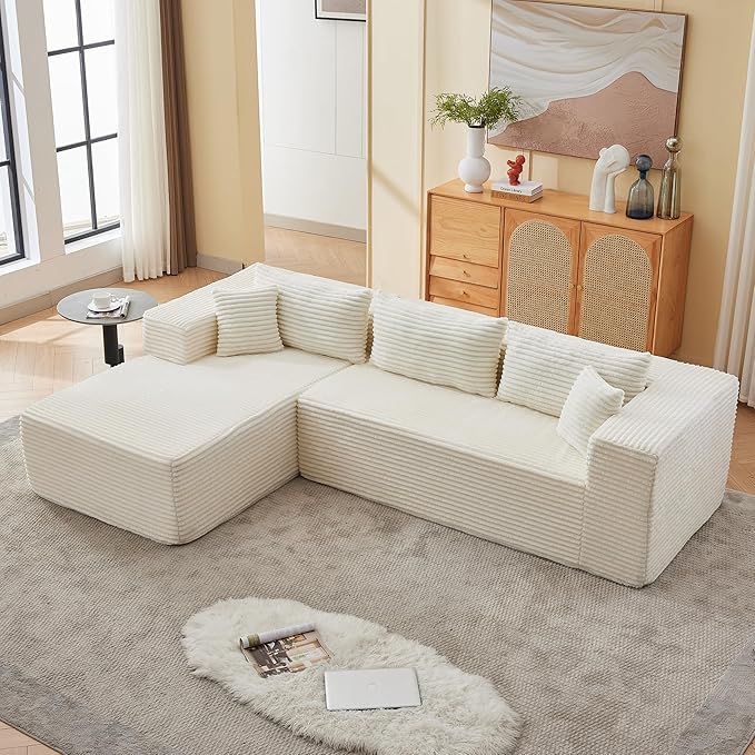 107" Modular Sectional Sofa, L-Shaped Cloud Couch with Deep Seat, Boneless Fluffy Corduroy Sofa for Living Room, No Assembly Required, (Left Facing Chaise,Beige)