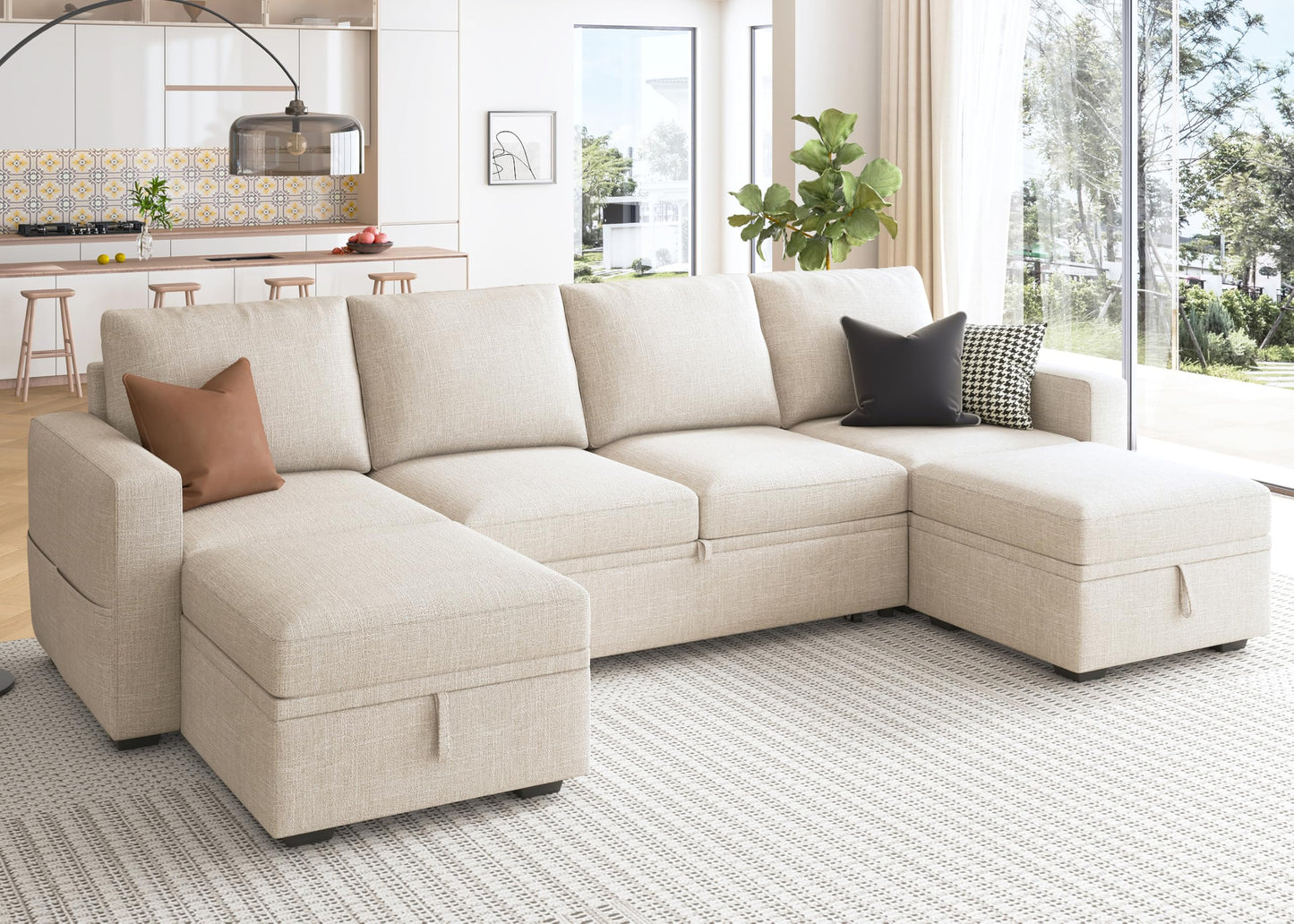 HONBAY Modular Sectional Sleeper Sofa Bed, Sectional Couch with Pull Out Bed U Shaped Modular Couch with Storage Ottoman for Living Room, Beige