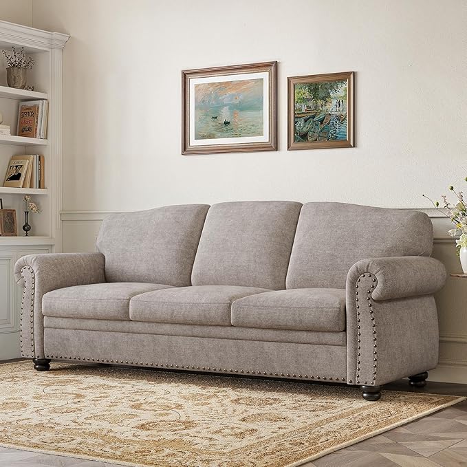 ONBRILL 90 Inch Nailhead Trim Couch for Living Room, 23 Inch Deep Seat Rolled Arm Sofa, Comfy Upholstered 3 Seater Chenille Couch w/Wooden Leg, Large Traditional Sofa for Farmhouse, Beige