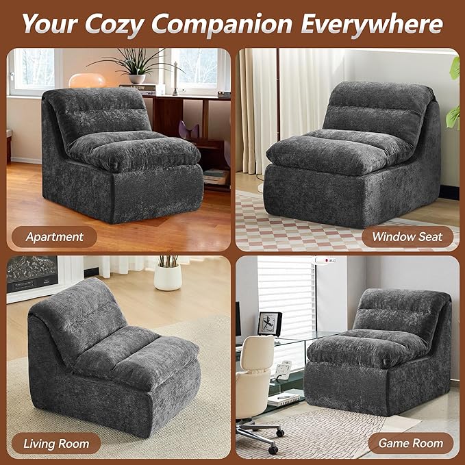 WUTUTUEE Boneless Cloud Armless Floor Sofa, Comfy Double-Layer Chenille Bean Bag Chair with High Density Memory Foam, No Assembly Togo Sofa for Living Room Bedroom (Grey)