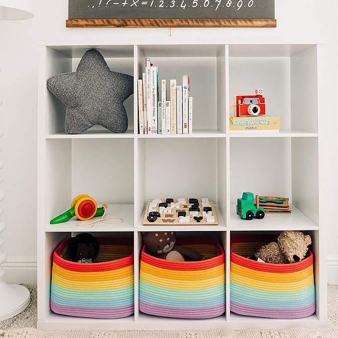 OrganiHaus Set of 3 Rainbow Woven Storage Baskets for Shelves, Decorative Organizer Bins for Kids Room, Nursery & Classroom, Colorful Toy Storage Basket for Playroom Decor – 15x9x10 inches