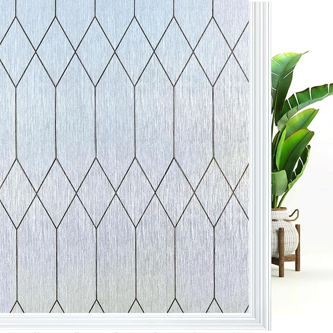 Windimiley Window Privacy Film Stained Glass Static Clings, Bathroom Frosted Leaded Decorative Window Stickers, UV Heat Blocking Opaque Removable for Home Door Coverings (35.4 x 157.5in,Rain)