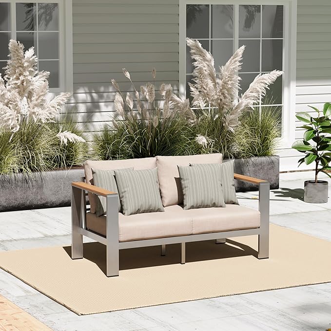 Oasbira Aluminum Outdoor Patio Furniture Loveseat, All-Weather Outdoor Patio Sofa with Washable Thick Cushion, Patio Sofa Couch for Porch, Balcony, Deck, Yard, Silver