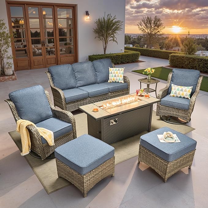 ovios 7 Pieces Patio Furniture Set, Outdoor Wicker Sofa Couch with Swivel Chairs 54" Fire Pit Table, High Back Modern All Weather Conversation Sets, Grey Rattan, Denim Blue