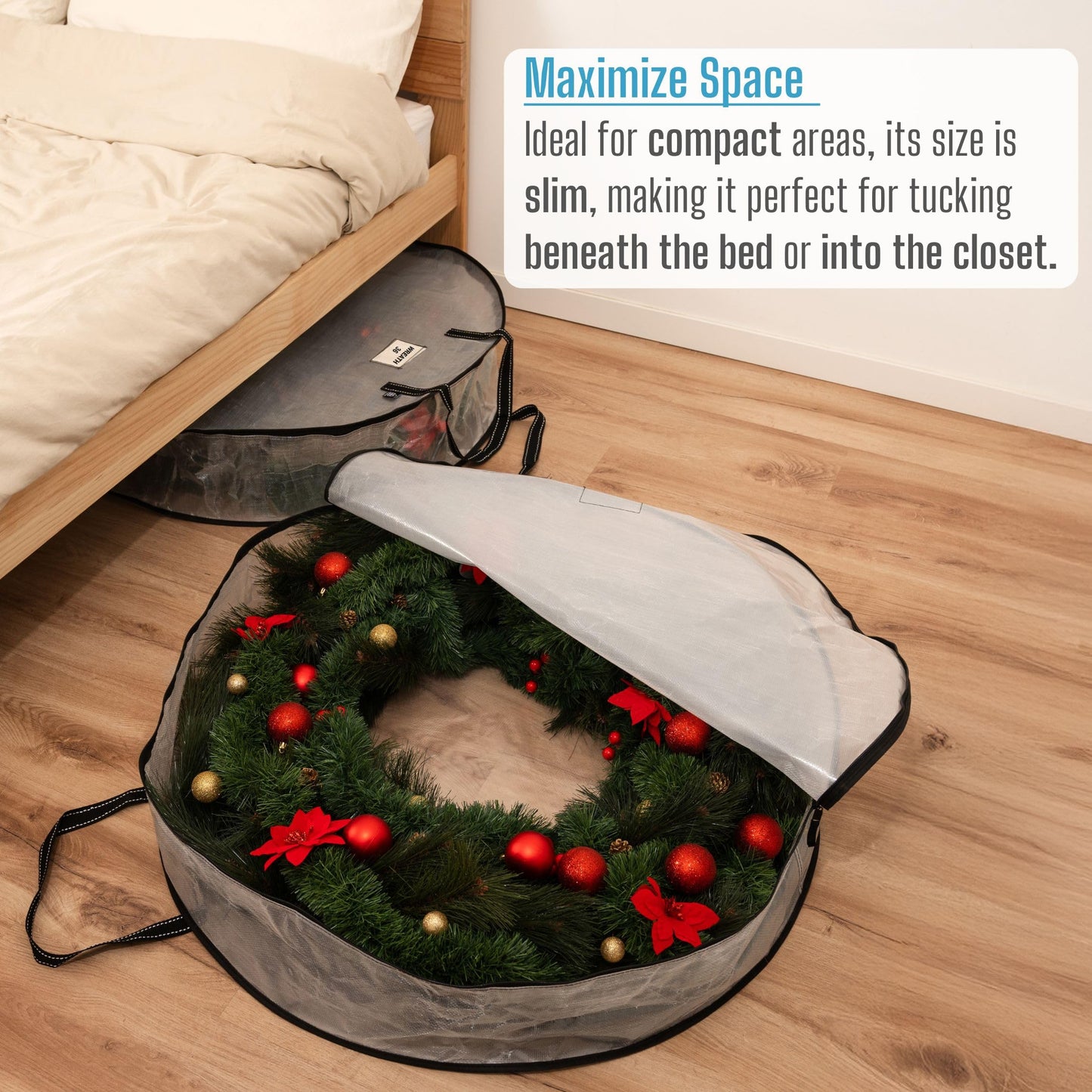 VENO 2 Pack Front Door Wreath Storage Container For Summer - 36 Inch Clear Wreath Bag, Christmas Garland Decoration Organizers with Zipper and Durable Handles (Clear, 36"-2 Pack)