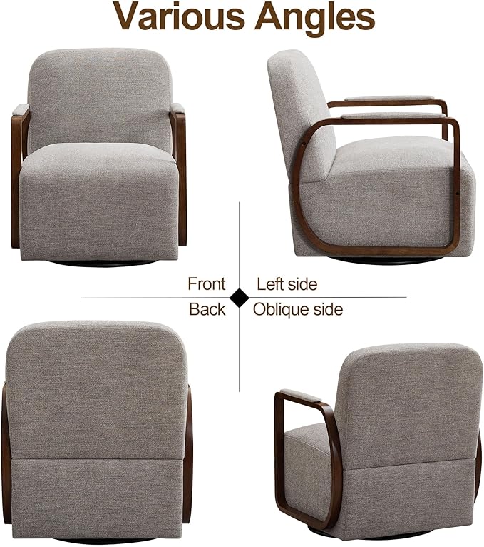 CACFTII 32" Chenille Upholstered Swivel Accent Chair, 360° Rotating Metal Base Modern Lounge Chair with Wooden Armrests for Living Room Bedroom, Brown