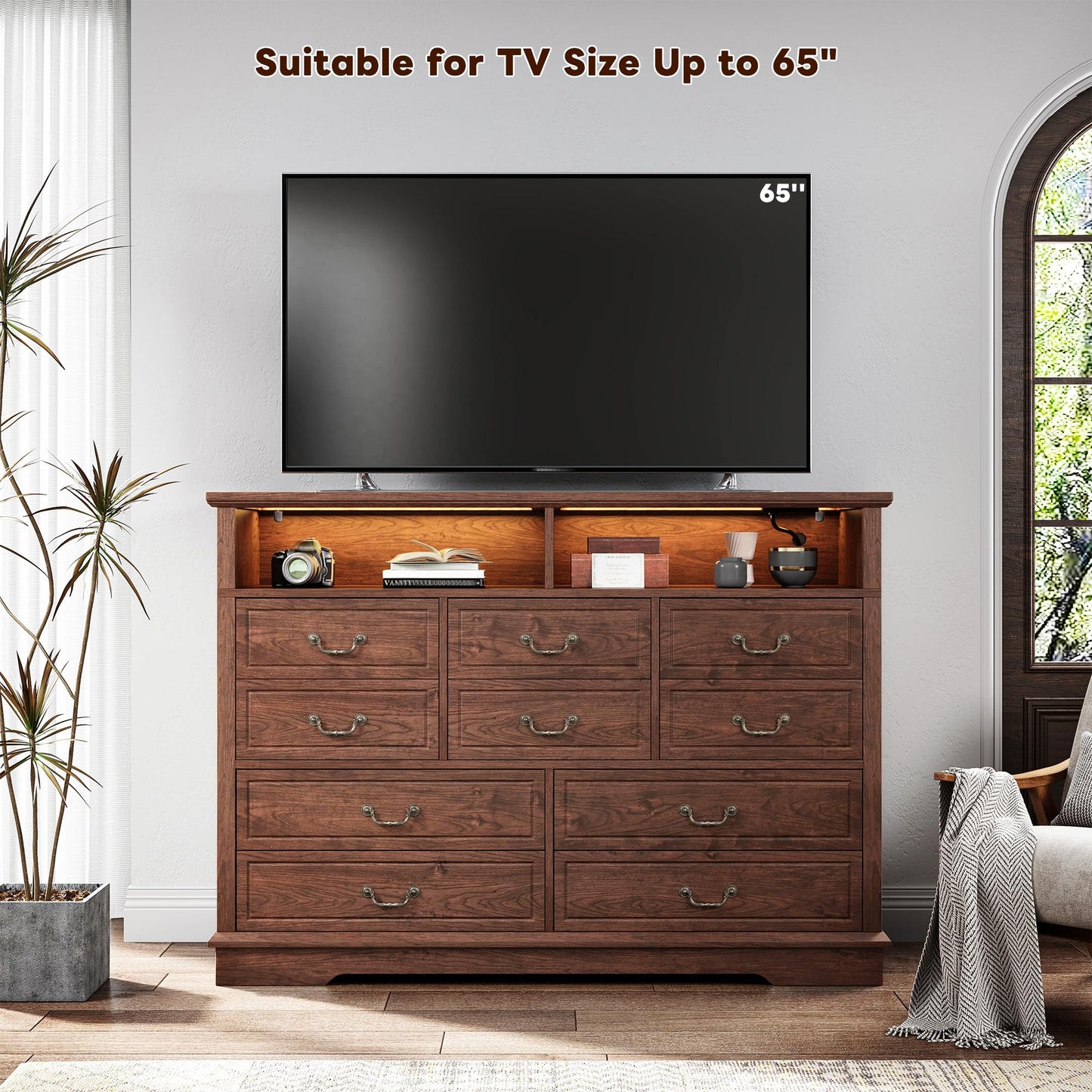 Farmhouse Dresser for Bedroom 55.2''Wide Wood Dresser with LED & Power Outlet Vintage 10 Drawers & Chests of Drawers Long Space Saver TV Stand, Closet, Entryway, Rustic Brown