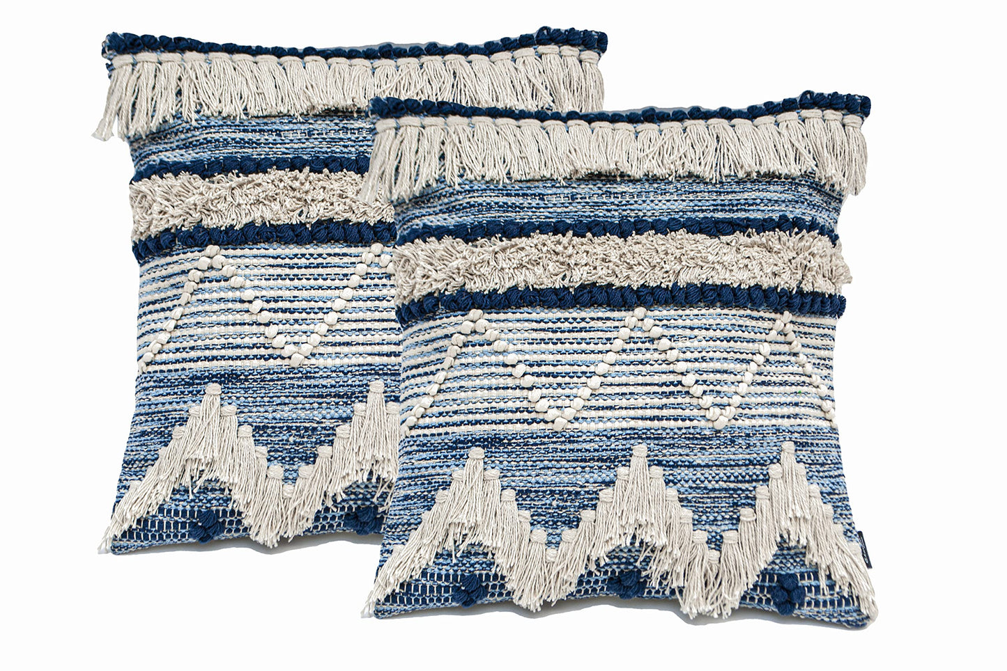 Chardin home Montego Farmhouse Decorative Throw Pillow Covers (Set of 2). Boho Soft Warm Cotton Woven Square Pillow Cover 18x18 for Couch Sofa Bedroom, Blue/Off-White