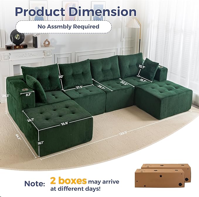 MAXYOYO 129.5" Modular Sectional Sofa Couch, U Shaped Modern Cloud Couch, Sofa in A Box, Tufted 6-Seat Boneless Sleeper Lounger for Living Room, No Assembly Required, Green