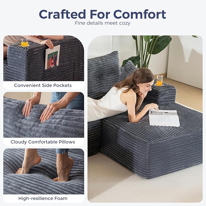 MAXYOYO 132" Giant U-Shaped Modular Sectional Couch, Modern Boneless Couch for Living Room, Sofa in A Box, Oversized Sofa Sleeper with Deep Seat, No Assembly Required, Dark Grey