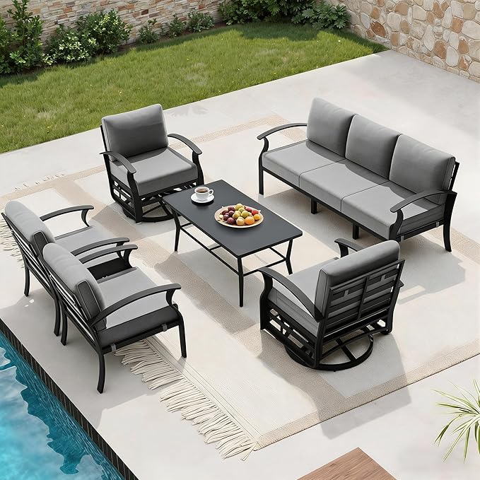 RTDTD Aluminum Outdoor Patio Furniture Set,7 Seats Patio Conversation Sets with Rectangular Coffee Table,Metal Patio Sectional Furniture Set with 2 Swivel Rocking Chairs,Grey