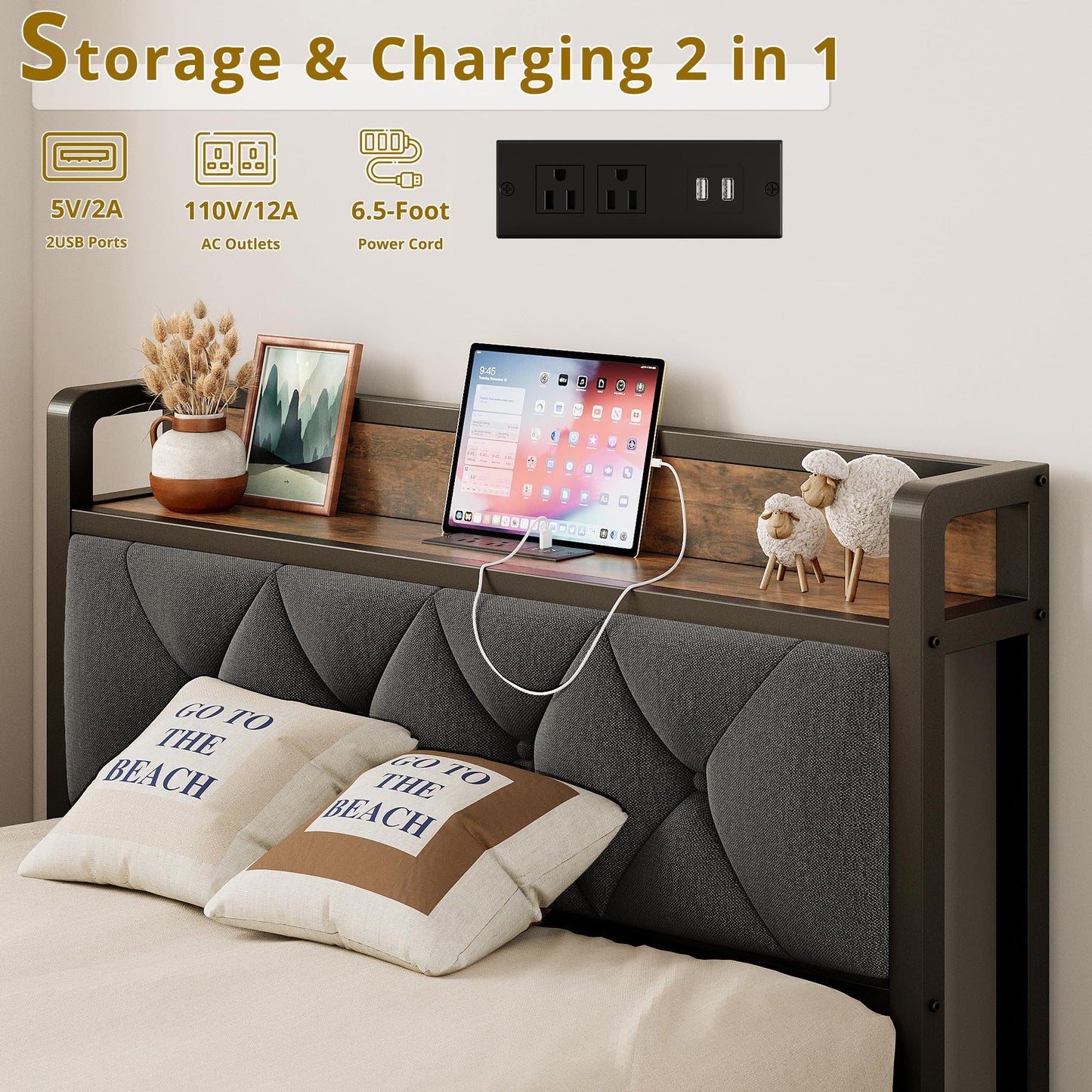ANCTOR Twin XL Bed Frames, Storage Headboard with Outlets, Easy to Install, Sturdy and Stable, No Noise, No Box Springs Needed - Perfect for a Good Night's Sleep