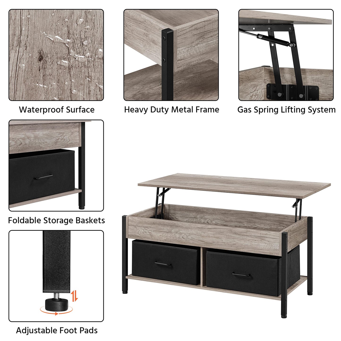 Yaheetech Lift-top Coffee Table with 2 Fabric Baskets & Hidden Storage Compartment, Raisable Top Coffee Table Industrial Center Table with Shelf for Living Room, Gray